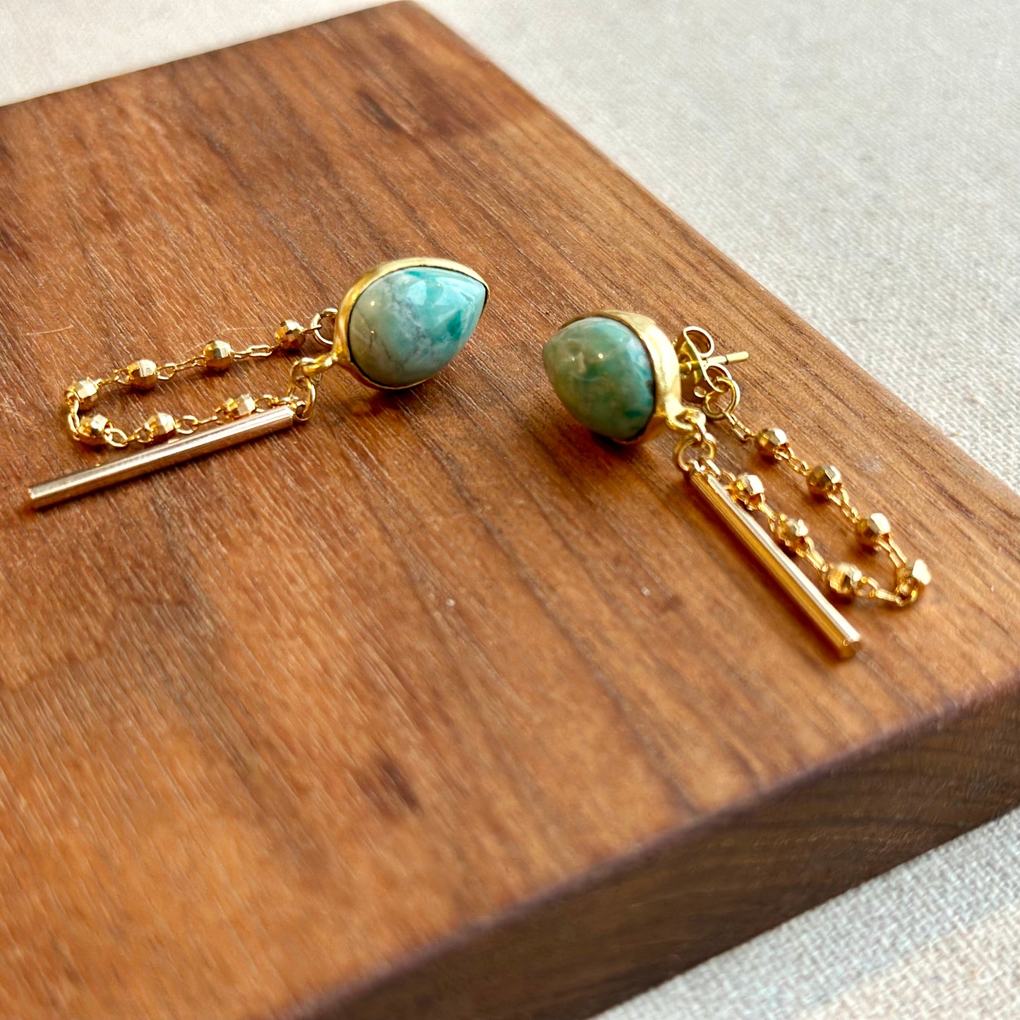 Larimar Stud And Chain Hoop-like Gold-plated Earring