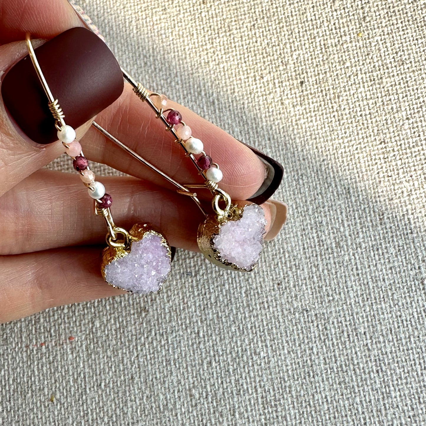 Heart-shaped Druzy Stones Wire Wrapping 14k Gold-filled Earring