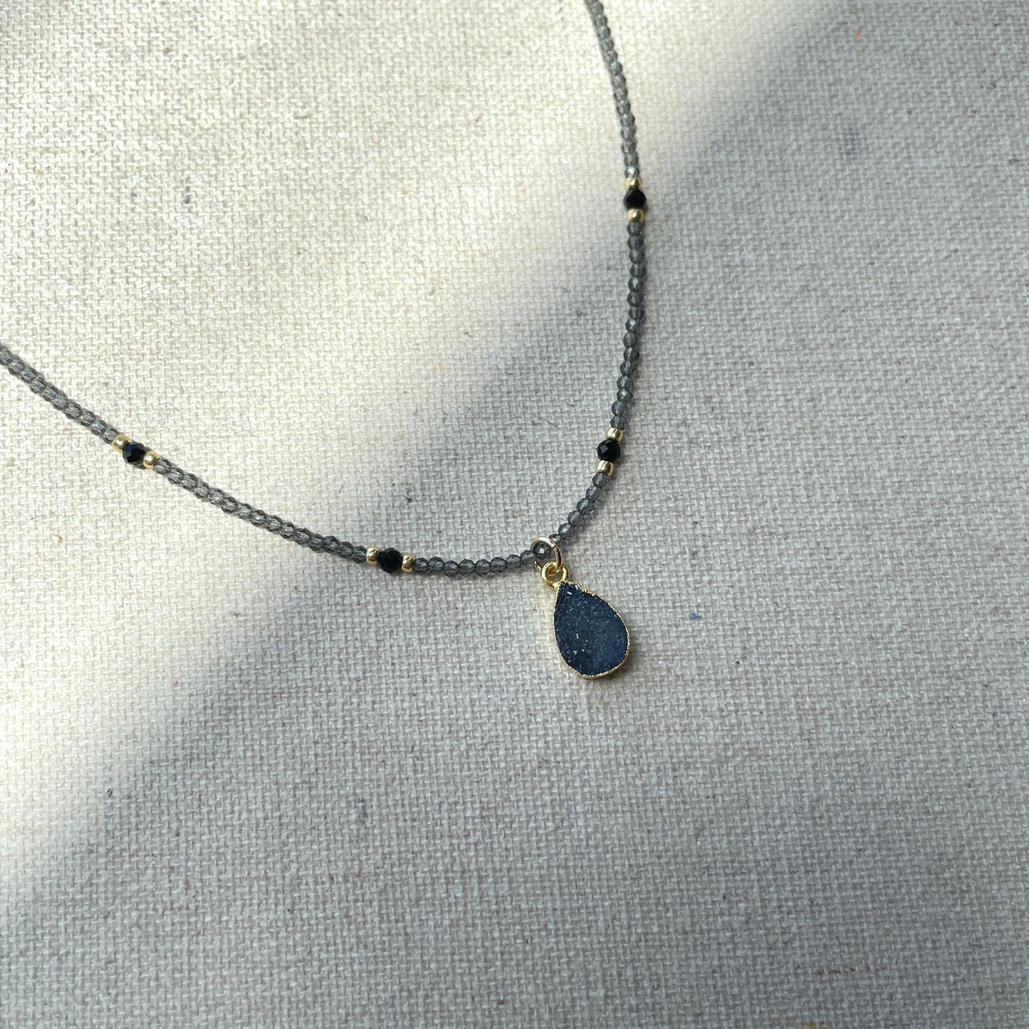 Druzy Stone And Black Spinel Beaded Necklace