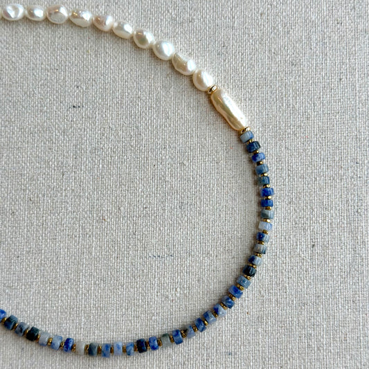 Sodalite And Baroque Pearls Beaded Asymmetric Choker Necklace