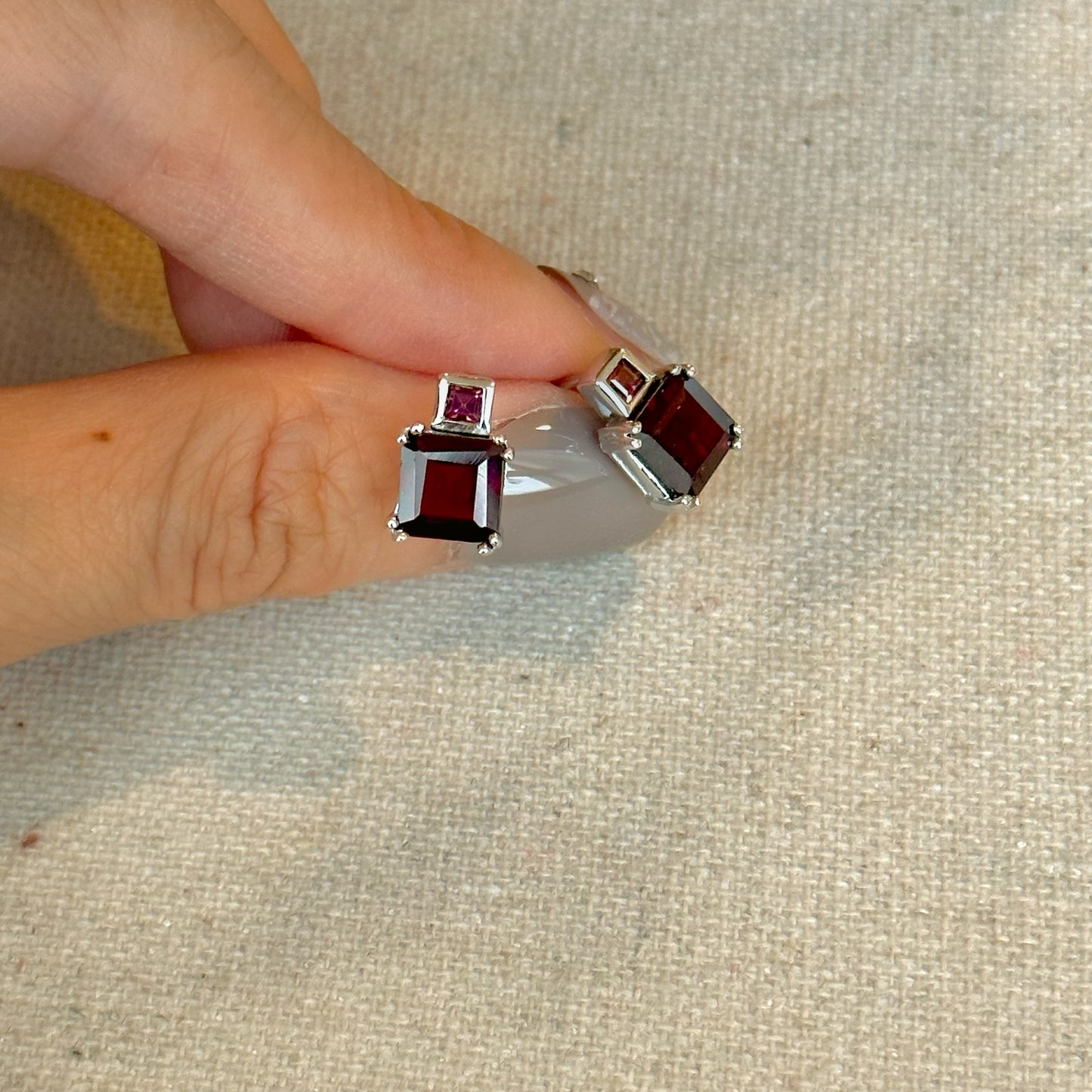 Garnet Square Cut Sterling Silver Ear Stud