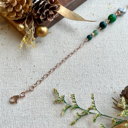 Agate And Moss Agate Beaded Rose Gold-plated Italian Sterling Silver Chain Necklace