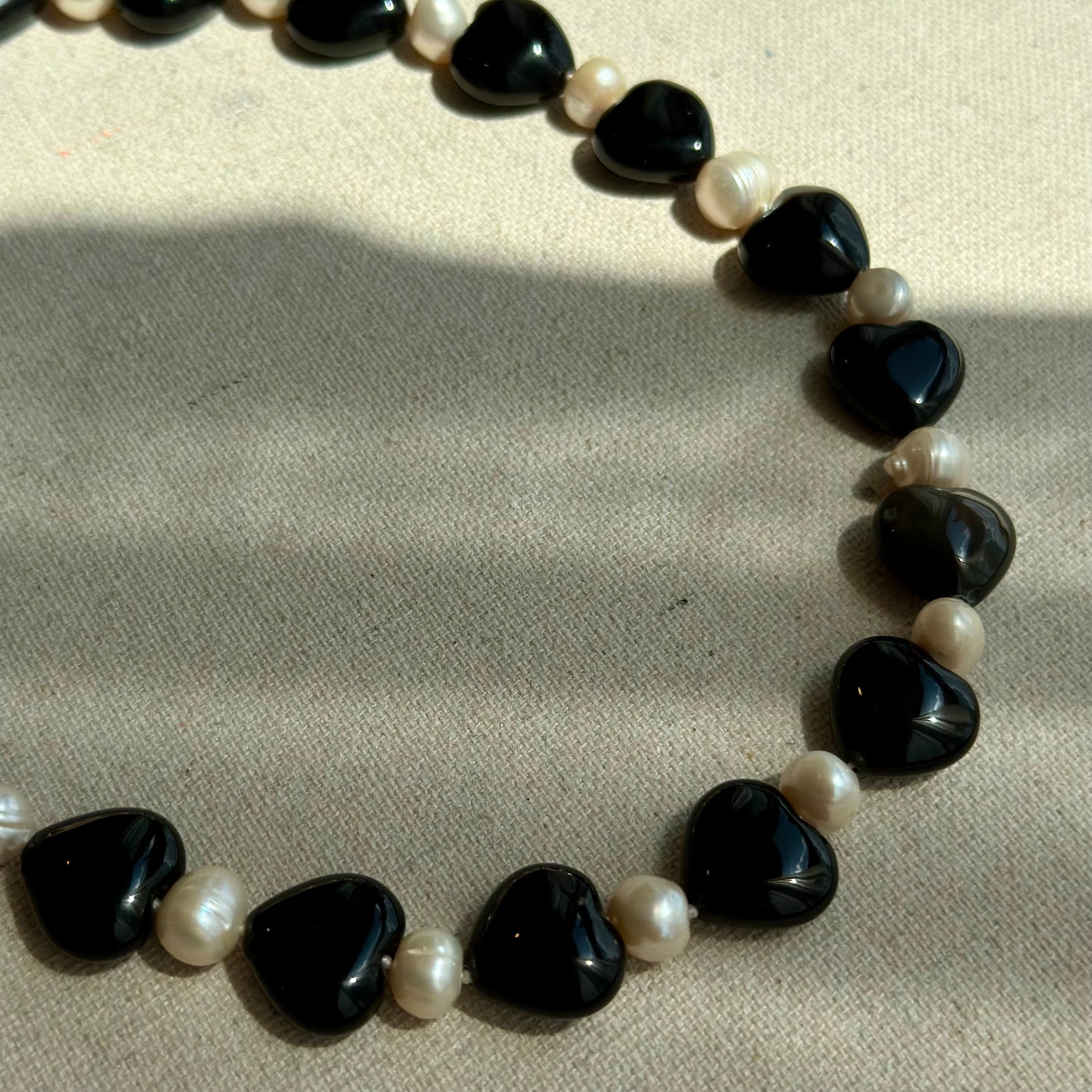 Black Onyx Heart And Freshwater Pearl Beaded Necklace