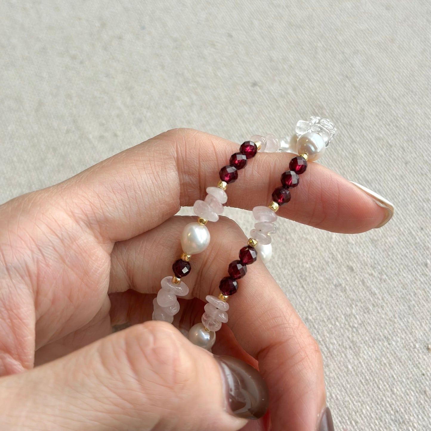 Garnet And Rose Quartz Beaded Asymmetric Choker Necklace