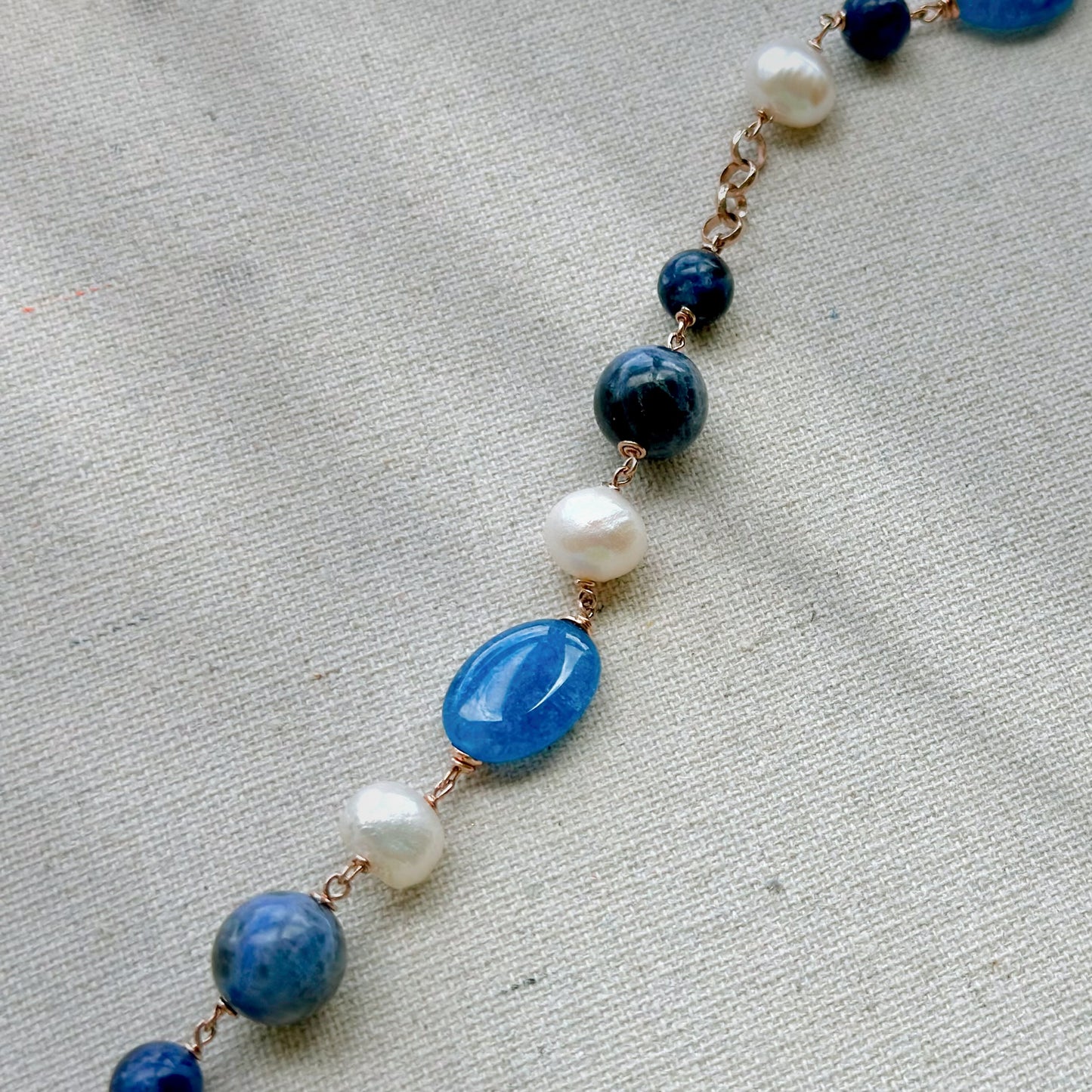 Sodalite And Freshwater Pearl Beaded Rose Gold-plated Italian Sterling Silver Chain Necklace