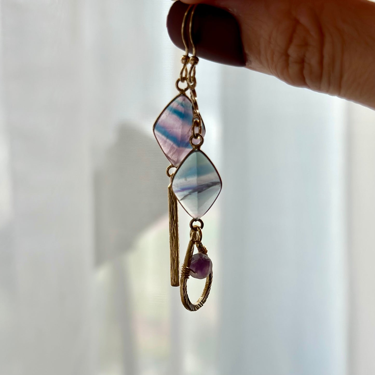 Fluorite Asymmetric Dangling Gold-plated Earring