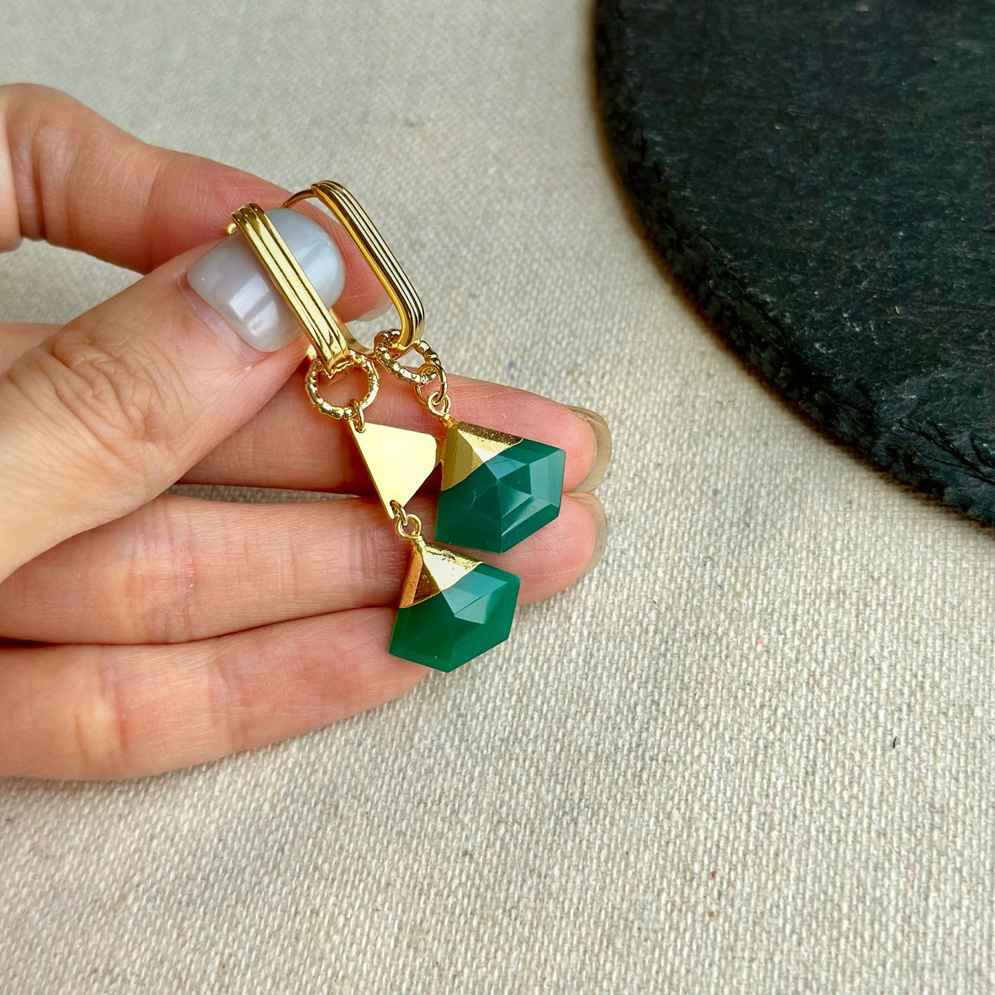 Green Onyx Geometric Two-way Gold-plated Sterling Silver Ear Hoop