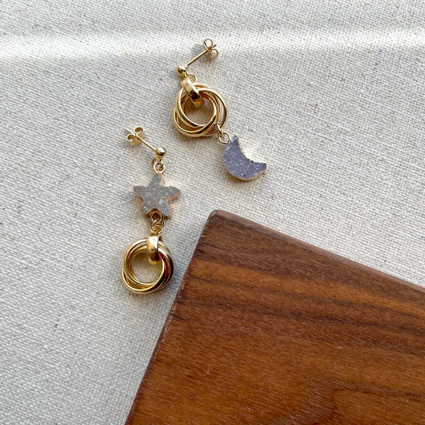 Moon And Star Druzy Stone Gold-plated Italian Sterling Silver Earring