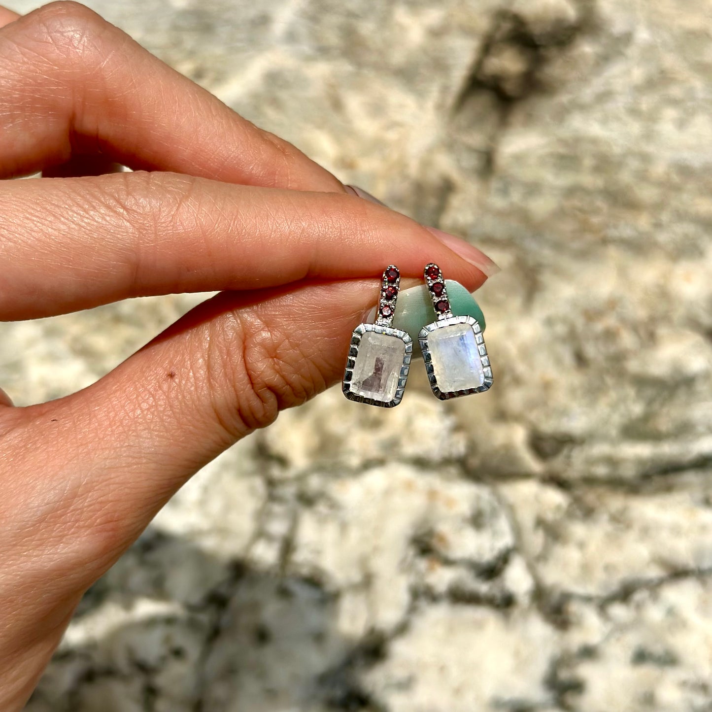 Moonstone And Garnet Sterling Silver Ear Stud