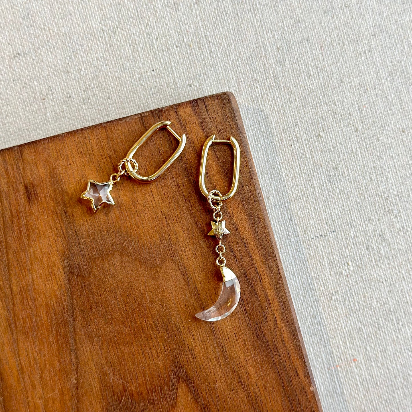 Clear Quartz Star And Moon Gold-plated Two-way Ear Hoop