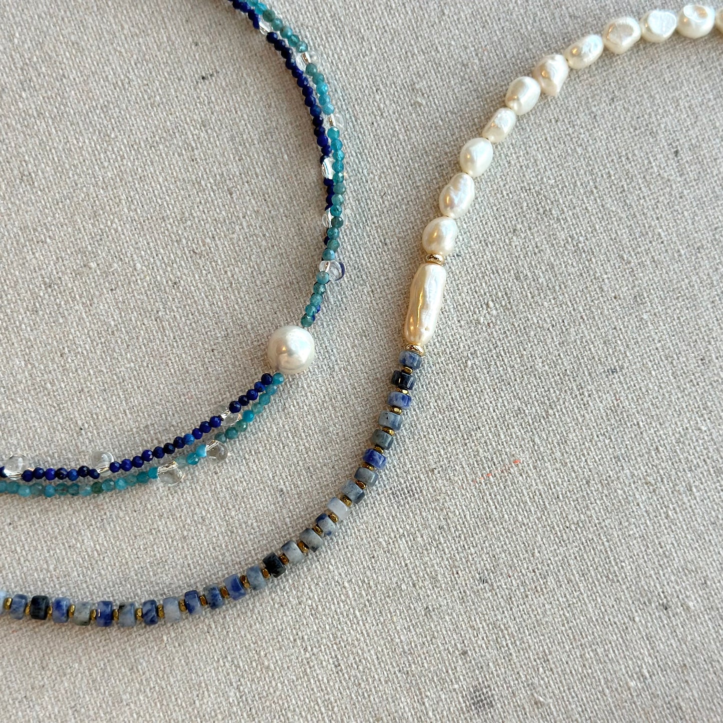 Freshwater Pearl And Lapis Mixed Apatite Beaded Double Layer Necklace