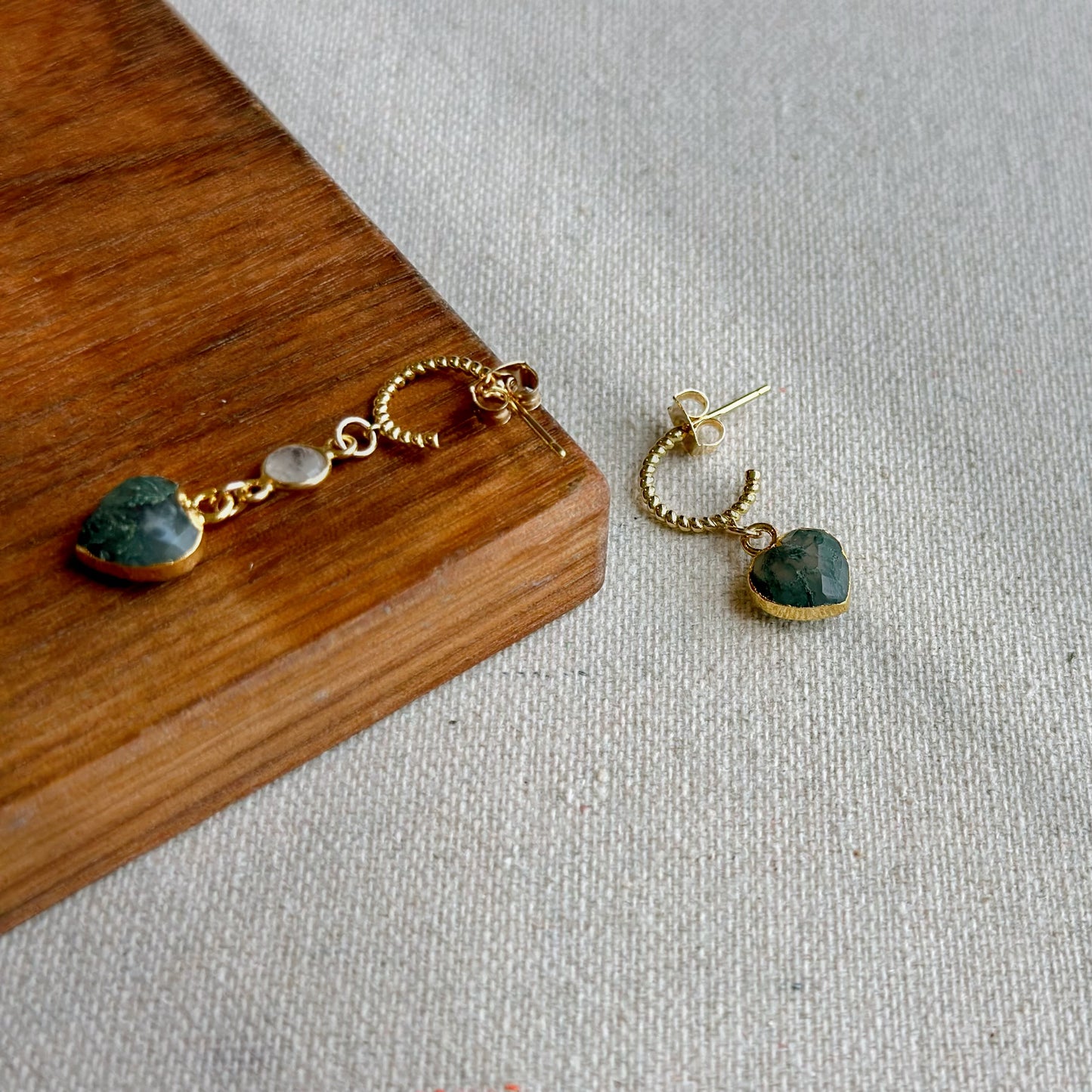 Moss Agate Heart And Moonstone Gold-plated Sterling Silver Hoop Earring