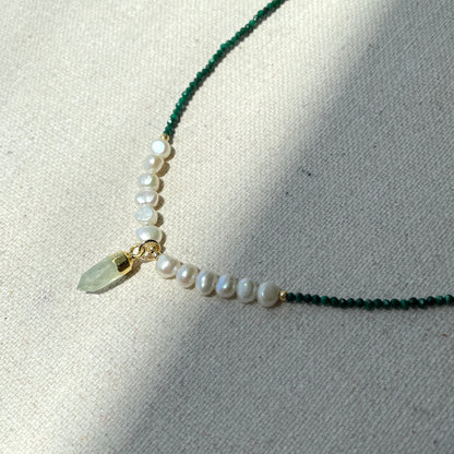 Prehnite With Malachite And Baroque Pearls Beaded Necklace