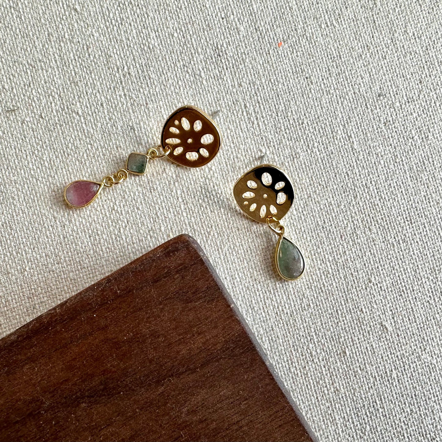 Watermelon Tourmaline Asymmetric Gold-plated Earring