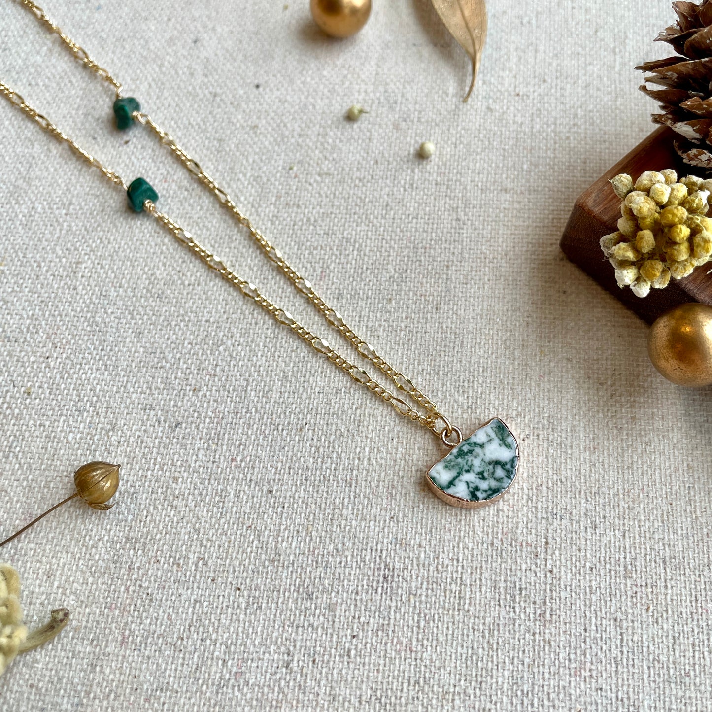 Tree Agate And Malachite Long Gold-plated Necklace