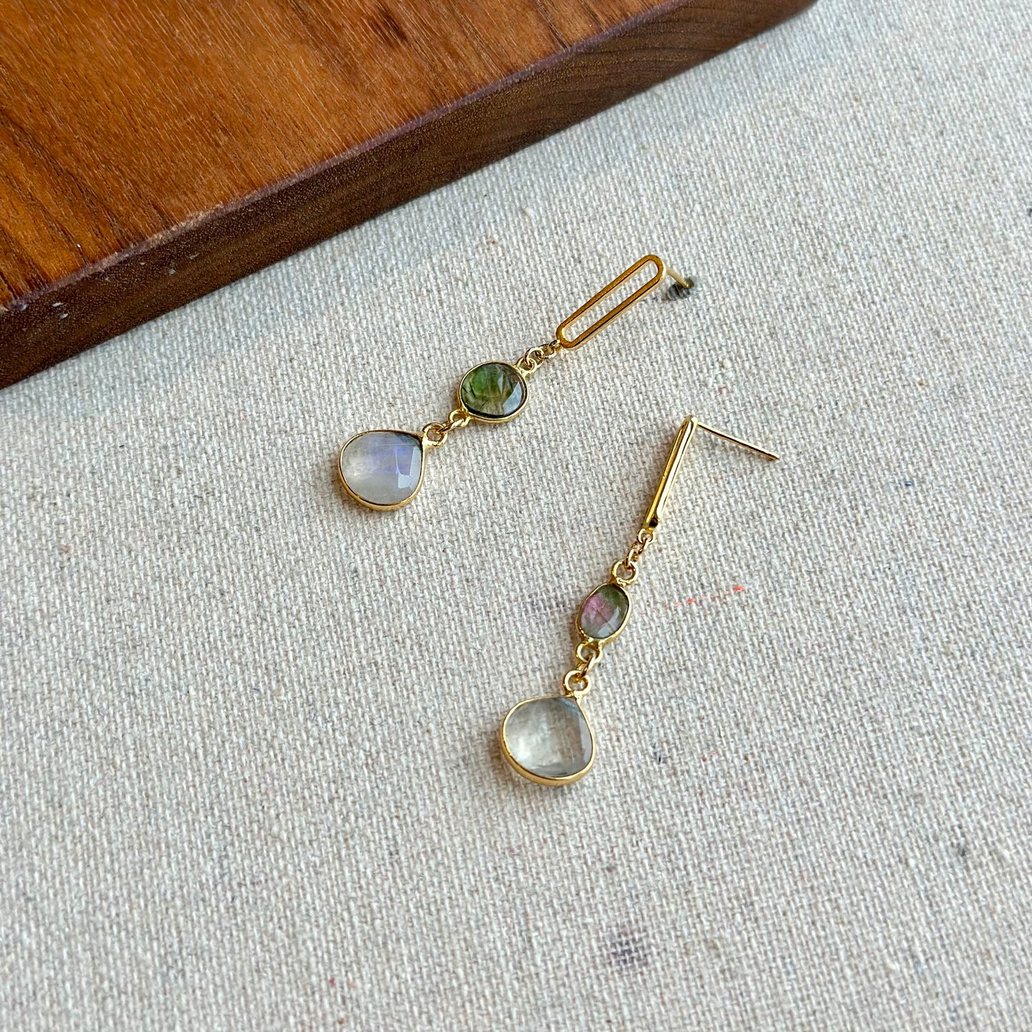 Watermelon Tourmaline And Moonstone Gold-plated Earring