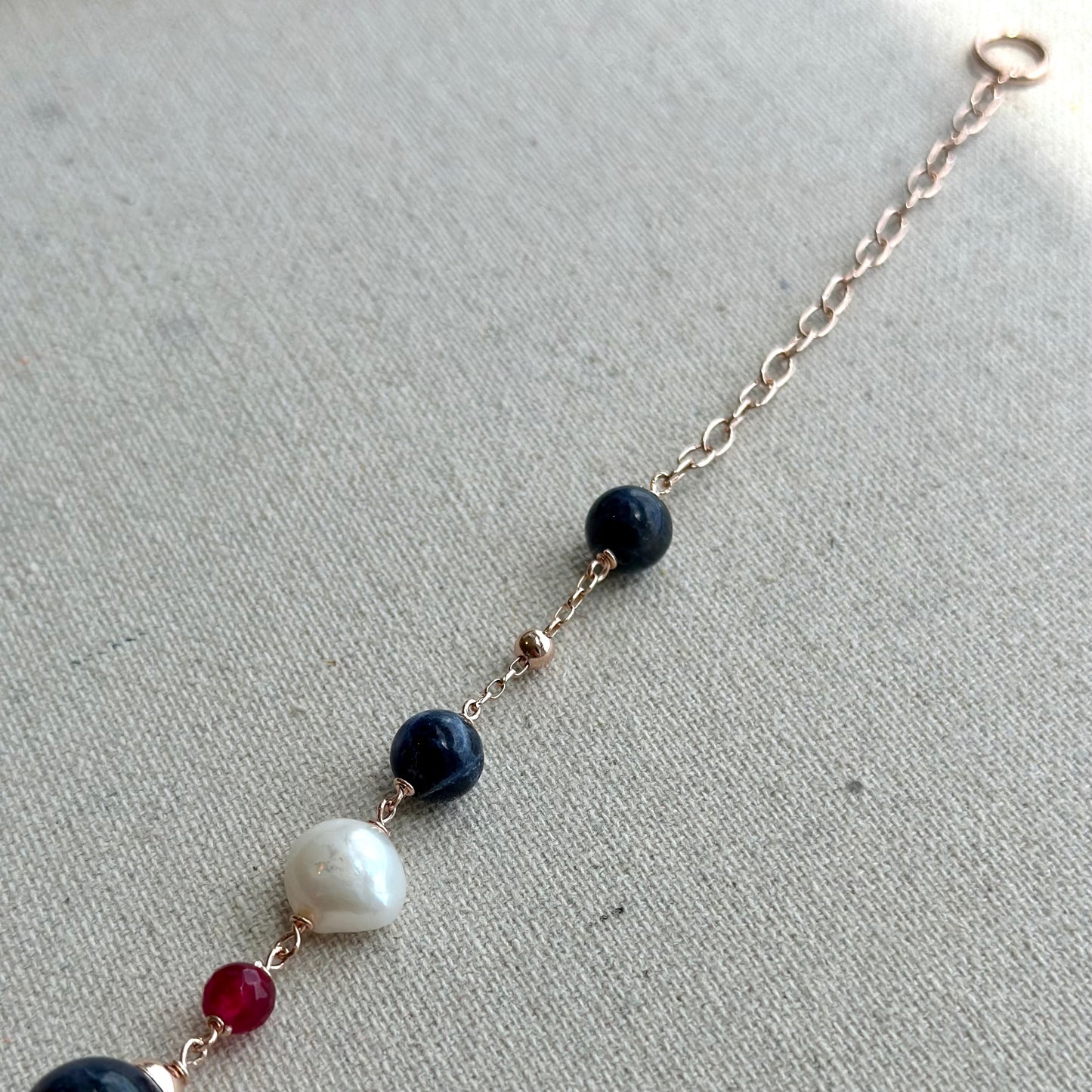 Sodalite Mixed Ruby And Freshwater Pearl Beaded Rose Gold-plated Italian Sterling Silver Necklace