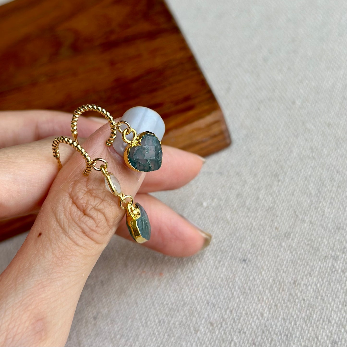 Moss Agate Heart And Moonstone Gold-plated Sterling Silver Hoop Earring