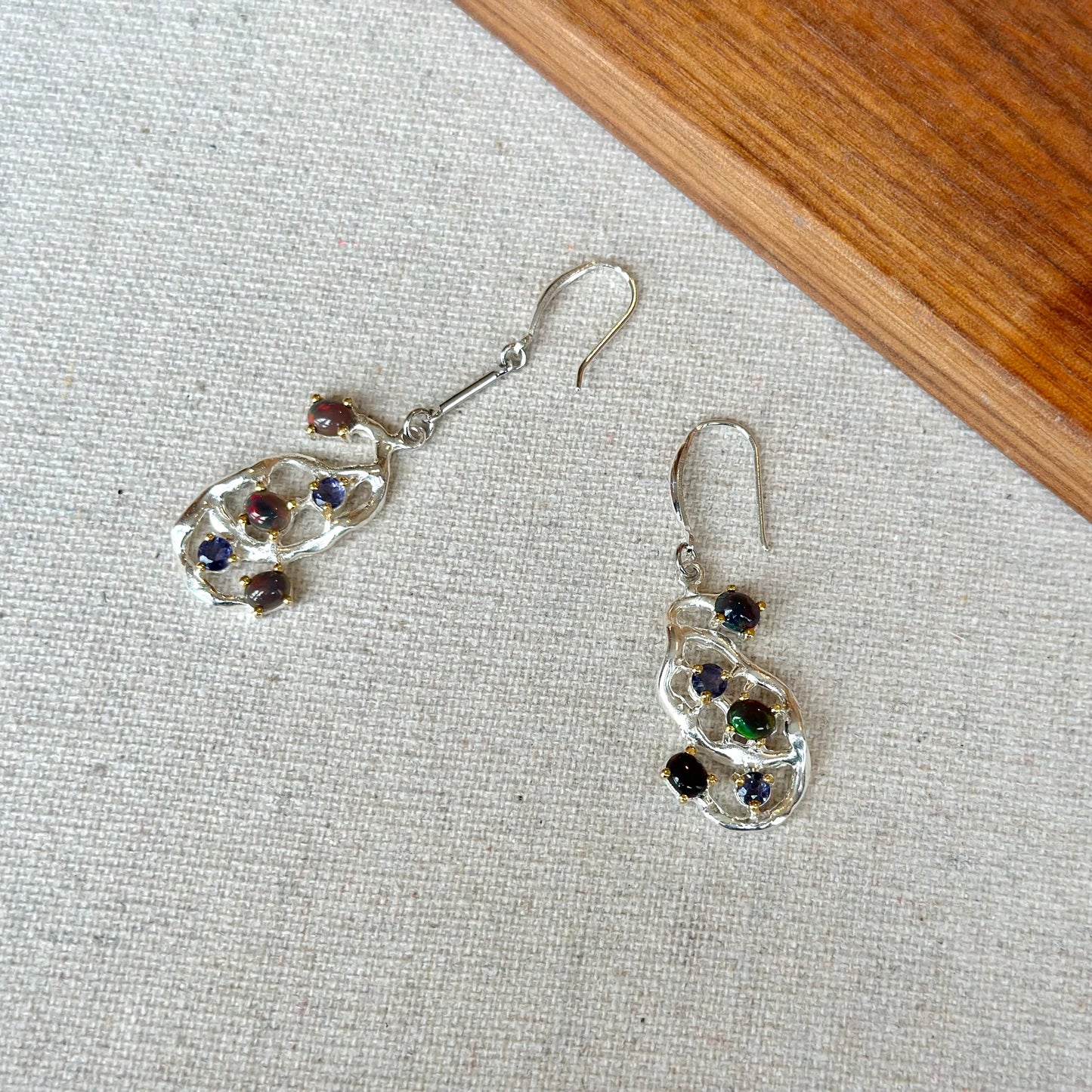 Black Opal And Iolite In Abstract Sterling Silver Earring