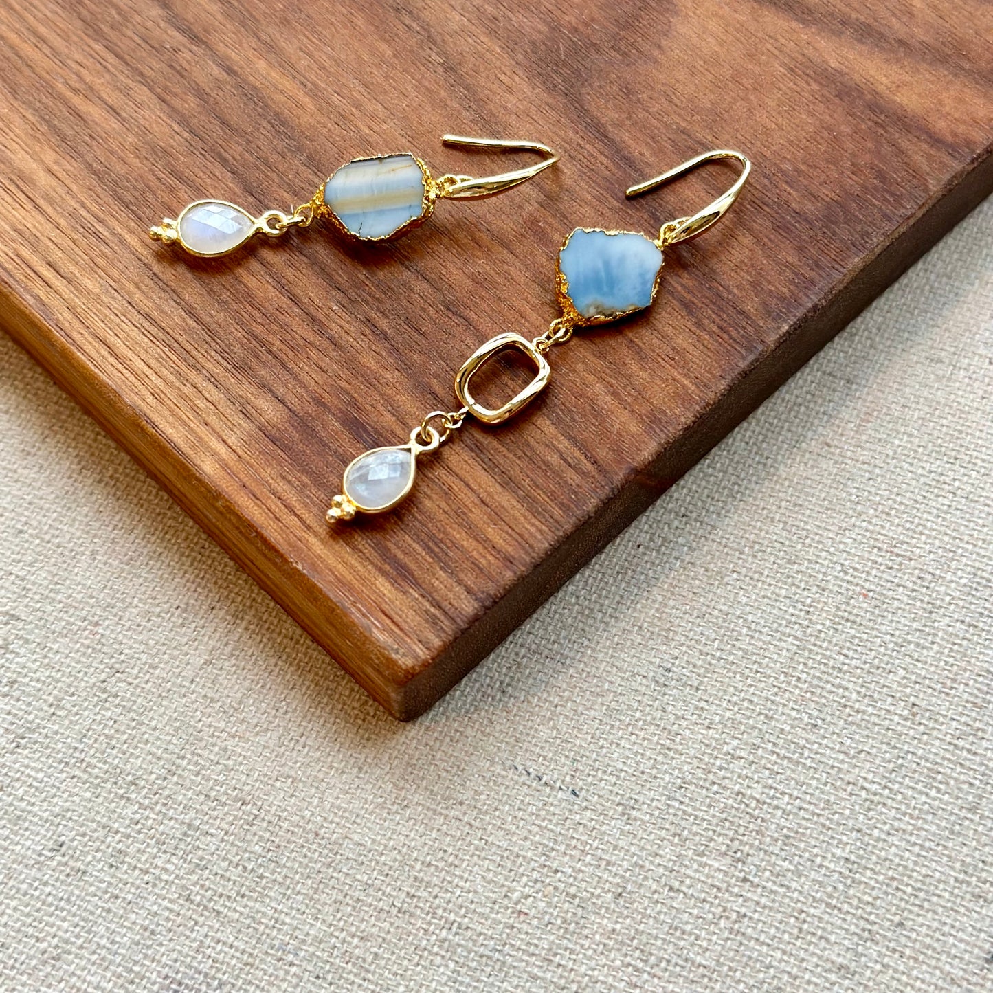 Blue Opal And Moonstone Asymmetric Gold-plated Earring