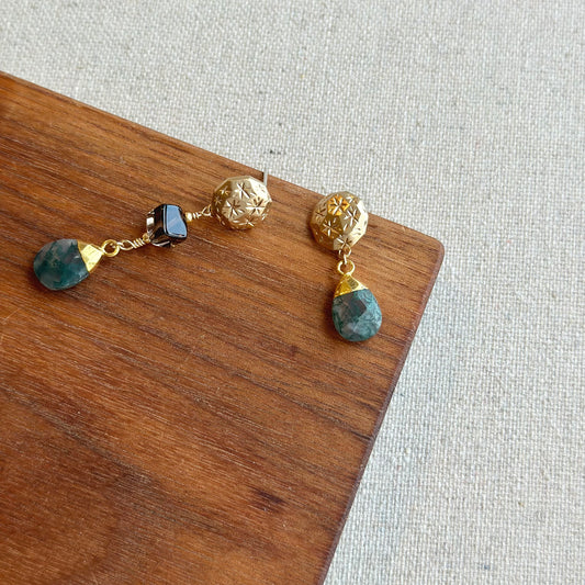 Moss Agate And Smoky Quartz Gold-plated Earring