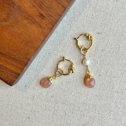 Peach Moonstone Drop Gold-plated Sterling Silver Two-way Ear Hoop