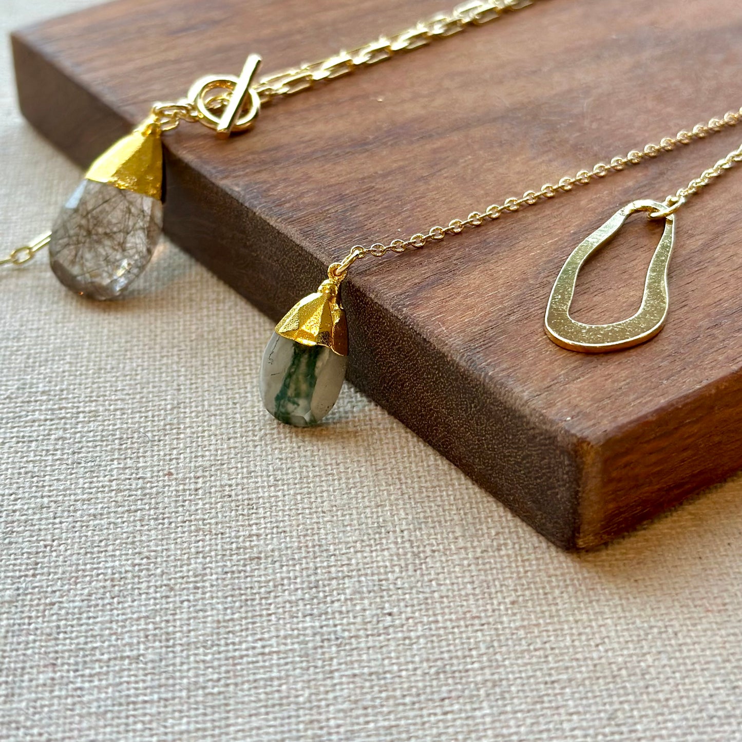 Moss Agate Geometric Y-shaped Long Gold-plated Necklace