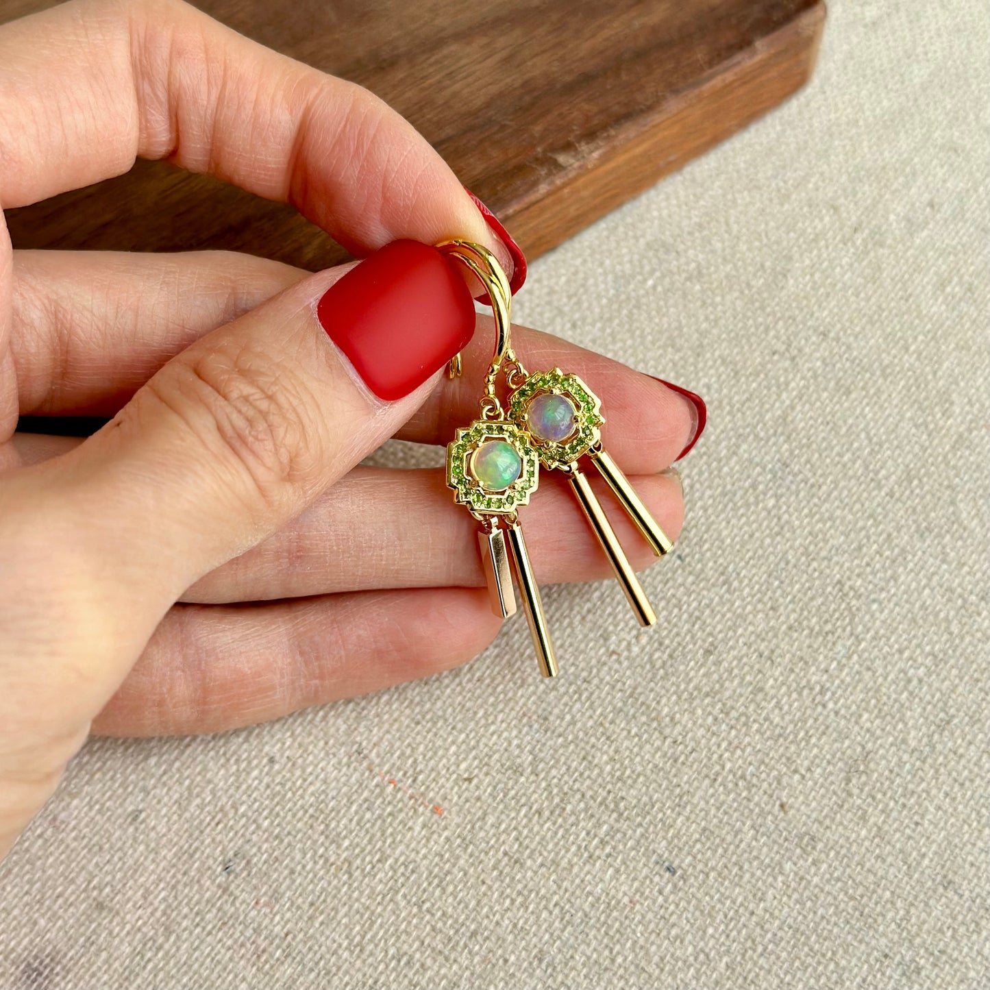 Opal And Diopside Dangling Gold-plated Sterling Earring