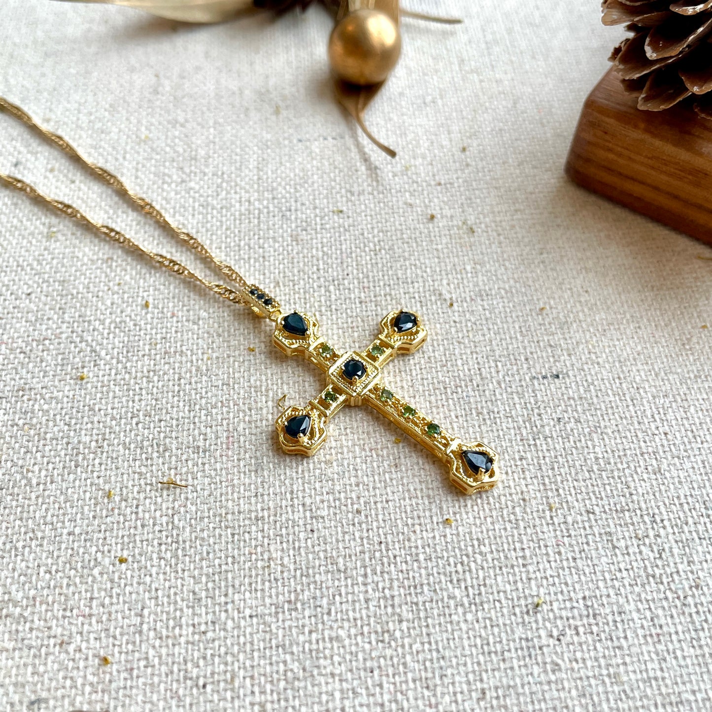 Sapphire And Tourmaline Cross Pendant Long Gold-plated Necklace