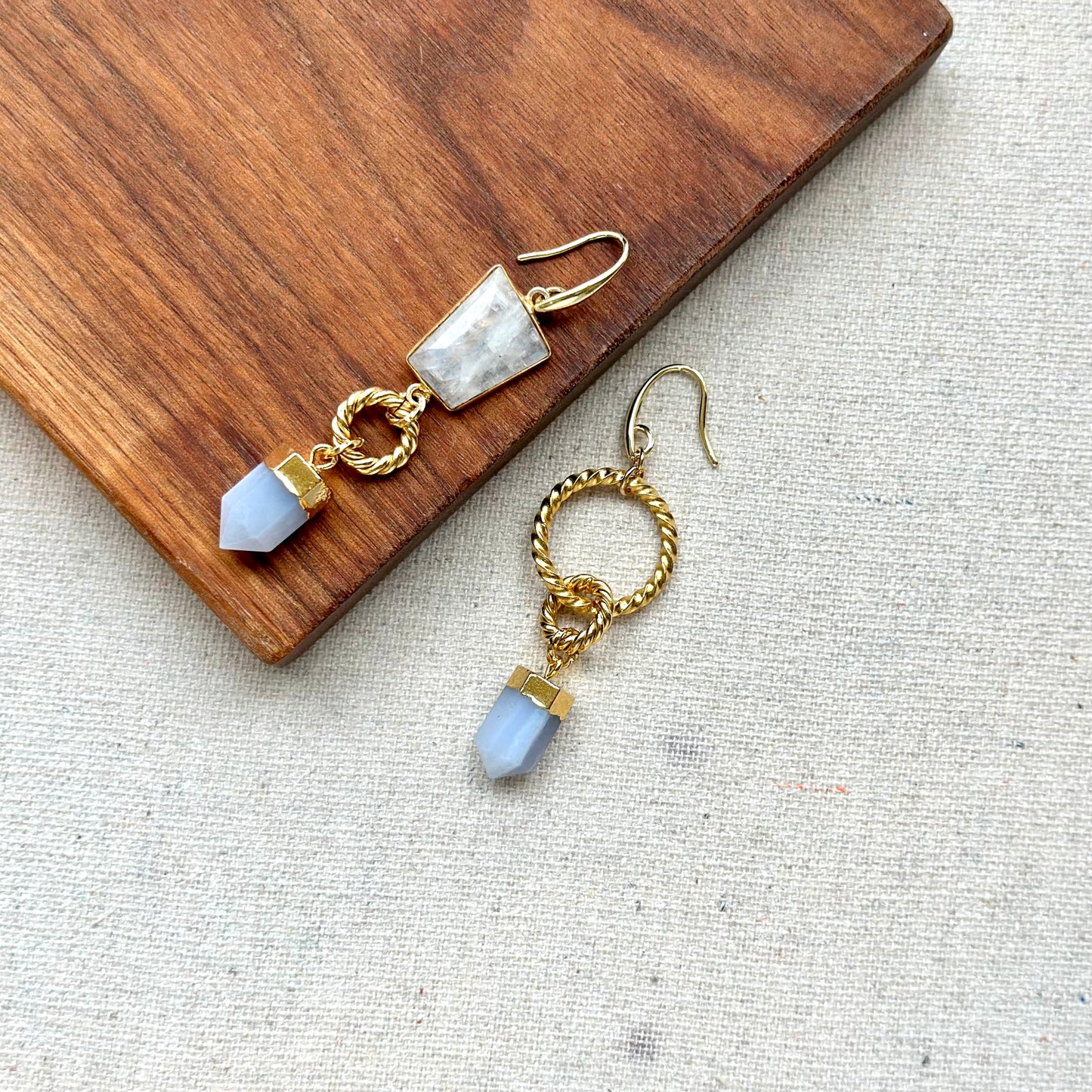 Blue Lace Agate And Moonstone Twisted Ring Gold-plated Earring