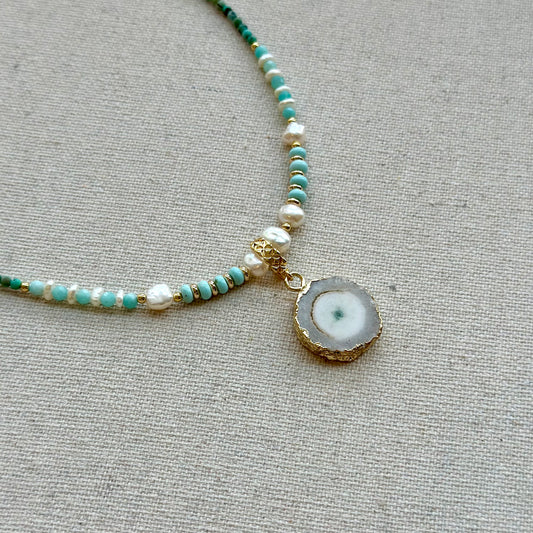 Agate Pendant Mixed Turquoise And Amazonite Beaded Choker Necklace