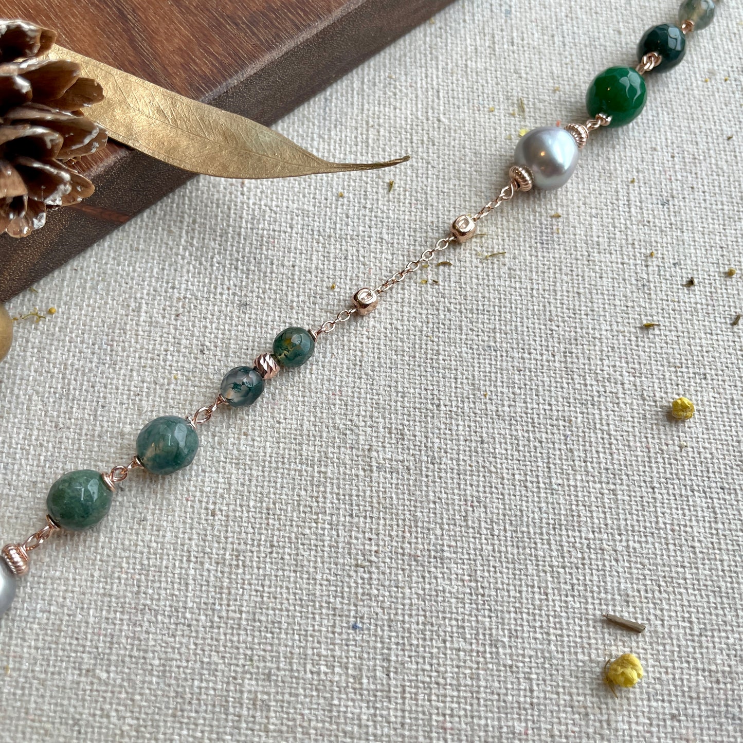 Agate And Moss Agate Beaded Rose Gold-plated Italian Sterling Silver Chain Necklace