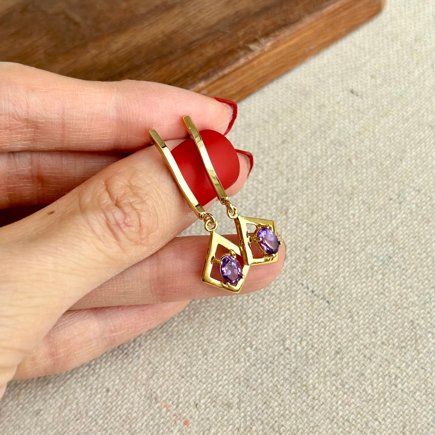 Amethyst In Rhombus Gold-plated Earring