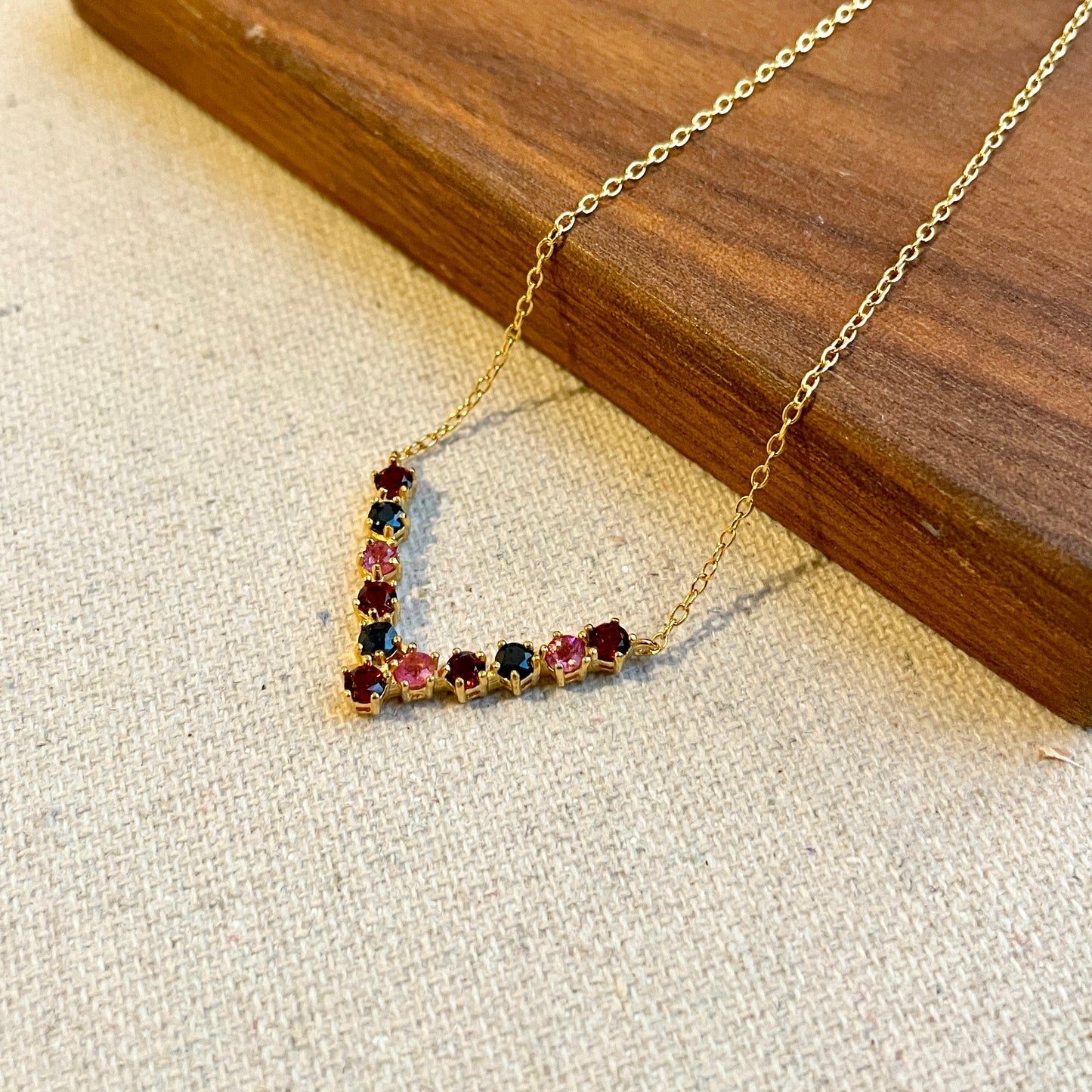 Sapphire Mixed With Garnet And Tourmaline V-shaped Gold-plated Necklace