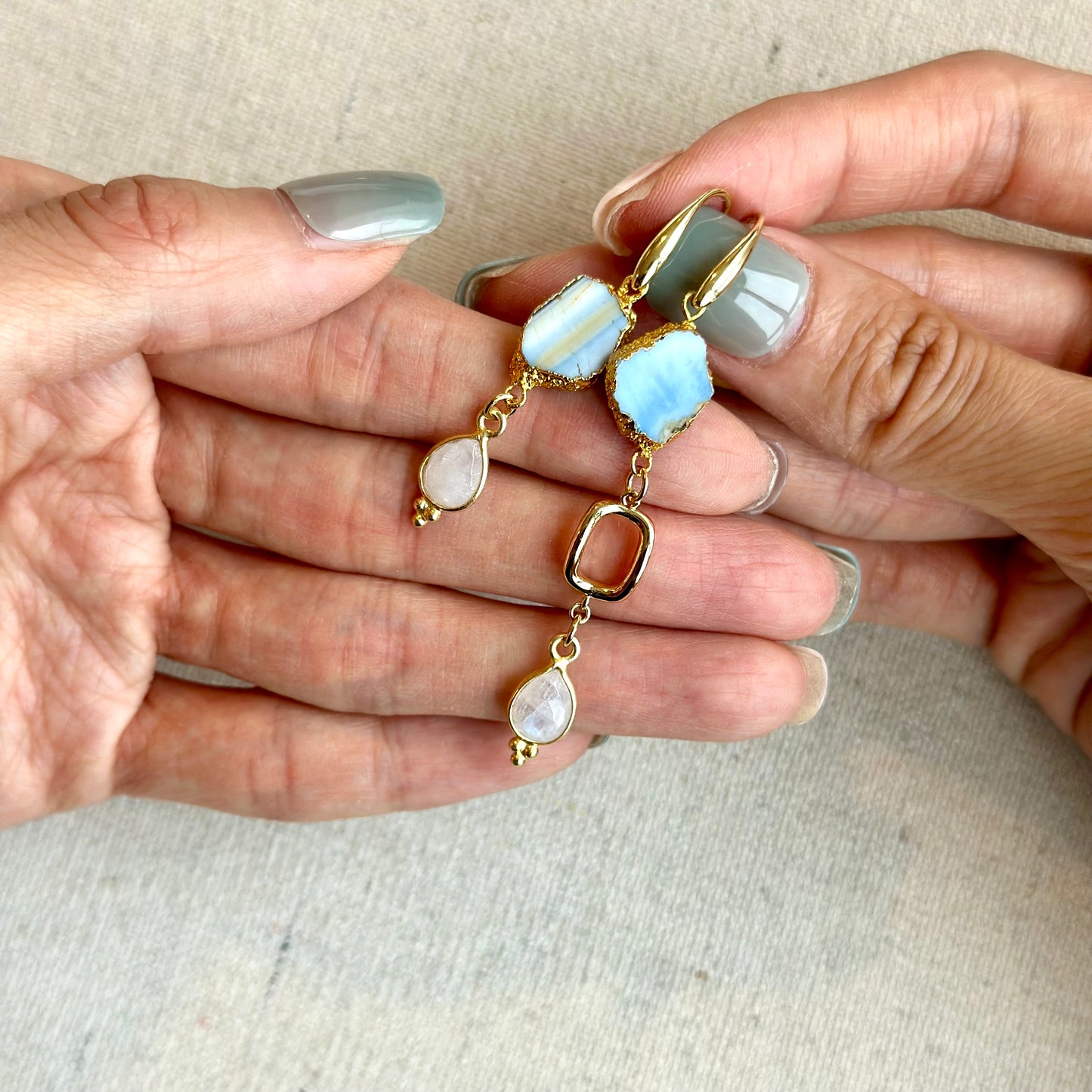 Blue Opal And Moonstone Asymmetric Gold-plated Earring