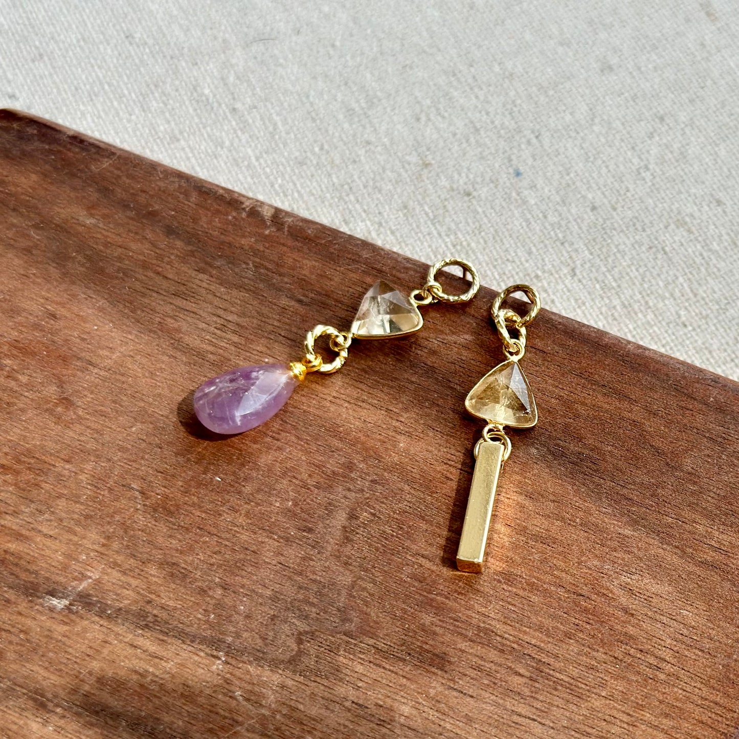 Citrine And Amethyst Asymmetric Gold-plated Earring