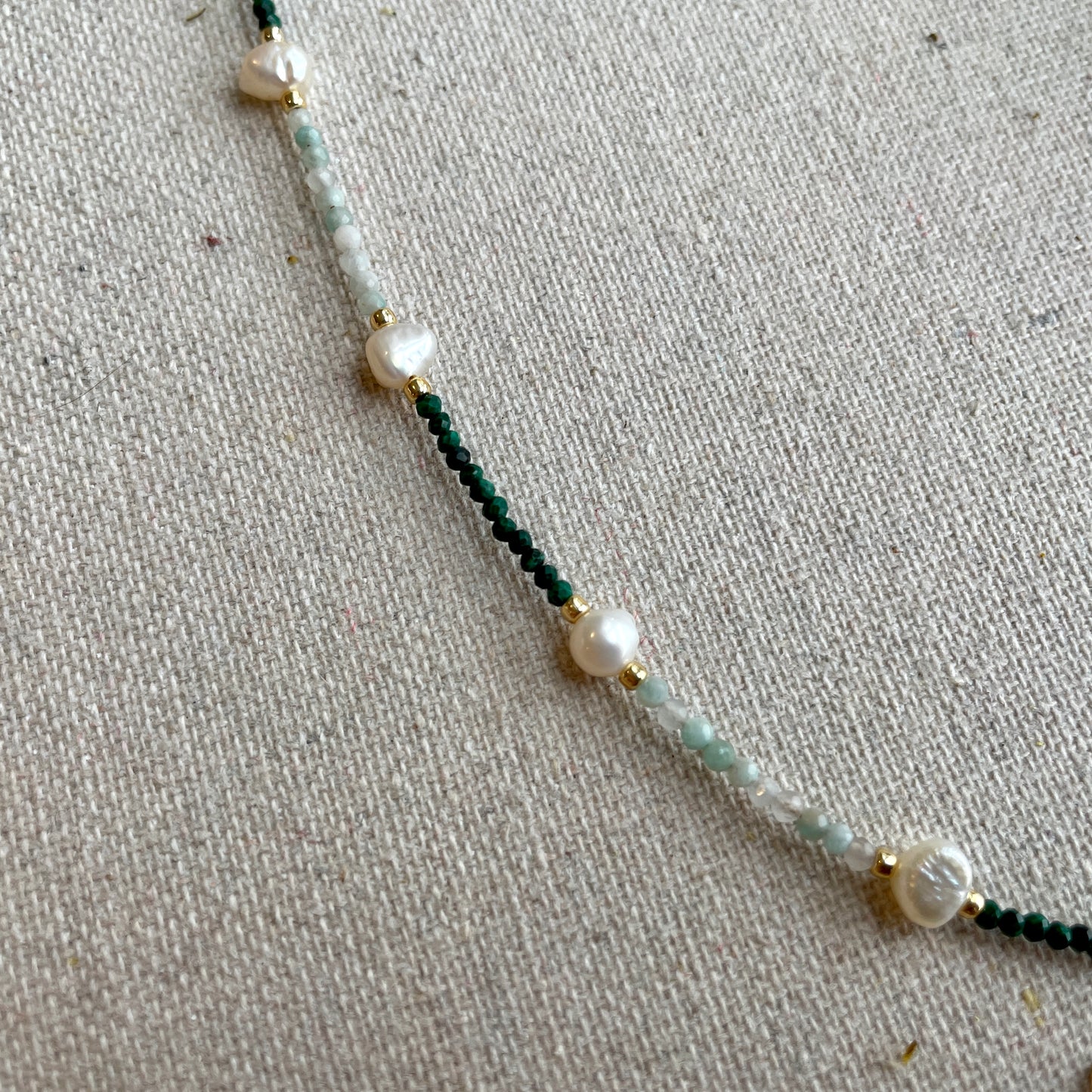 Malachite And Amazonite With Freshwater Pearl Beaded Choker Necklace