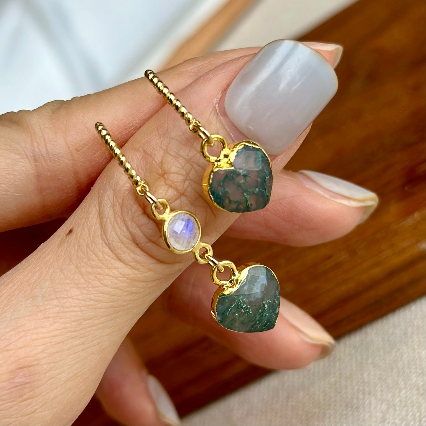 Moss Agate Heart And Moonstone Gold-plated Sterling Silver Hoop Earring