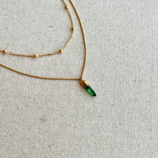 Raw Green Tourmaline Double Layer Gold-plated Sterling Silver Necklace