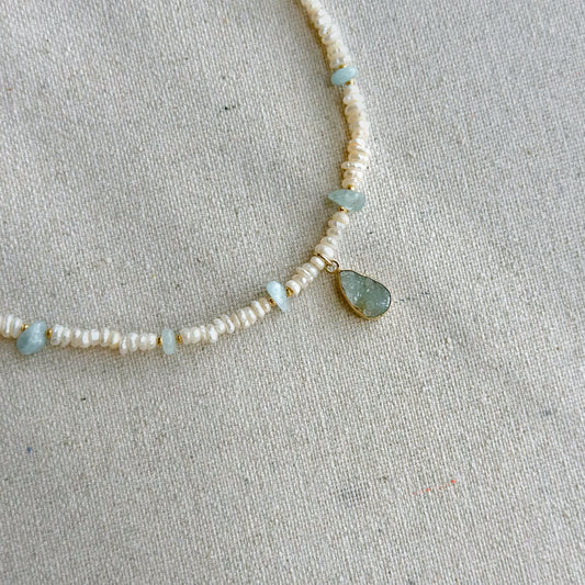 Druzy And Baroque Pearls Mixed Aquamarine Beaded Necklace