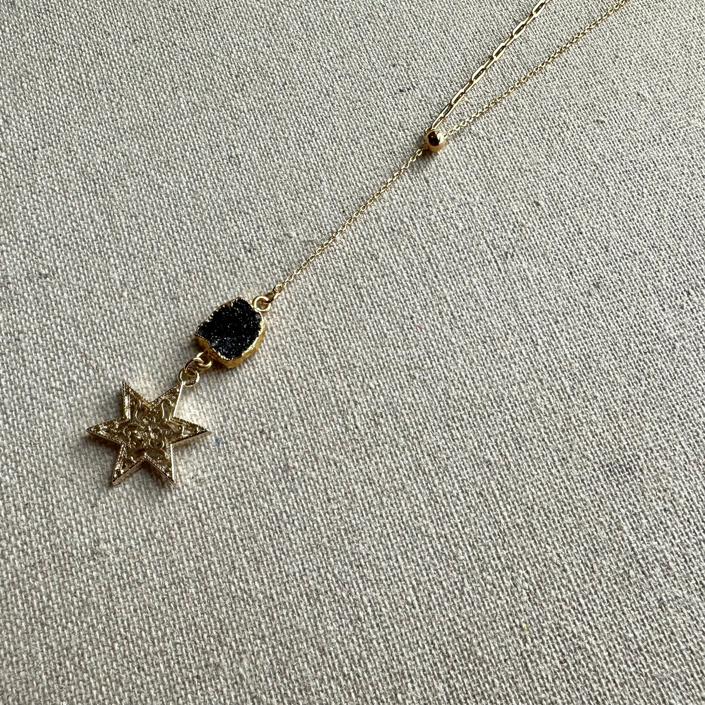 Black Raw Druzy Stone Two-way Y-shaped Gold-plated Necklace