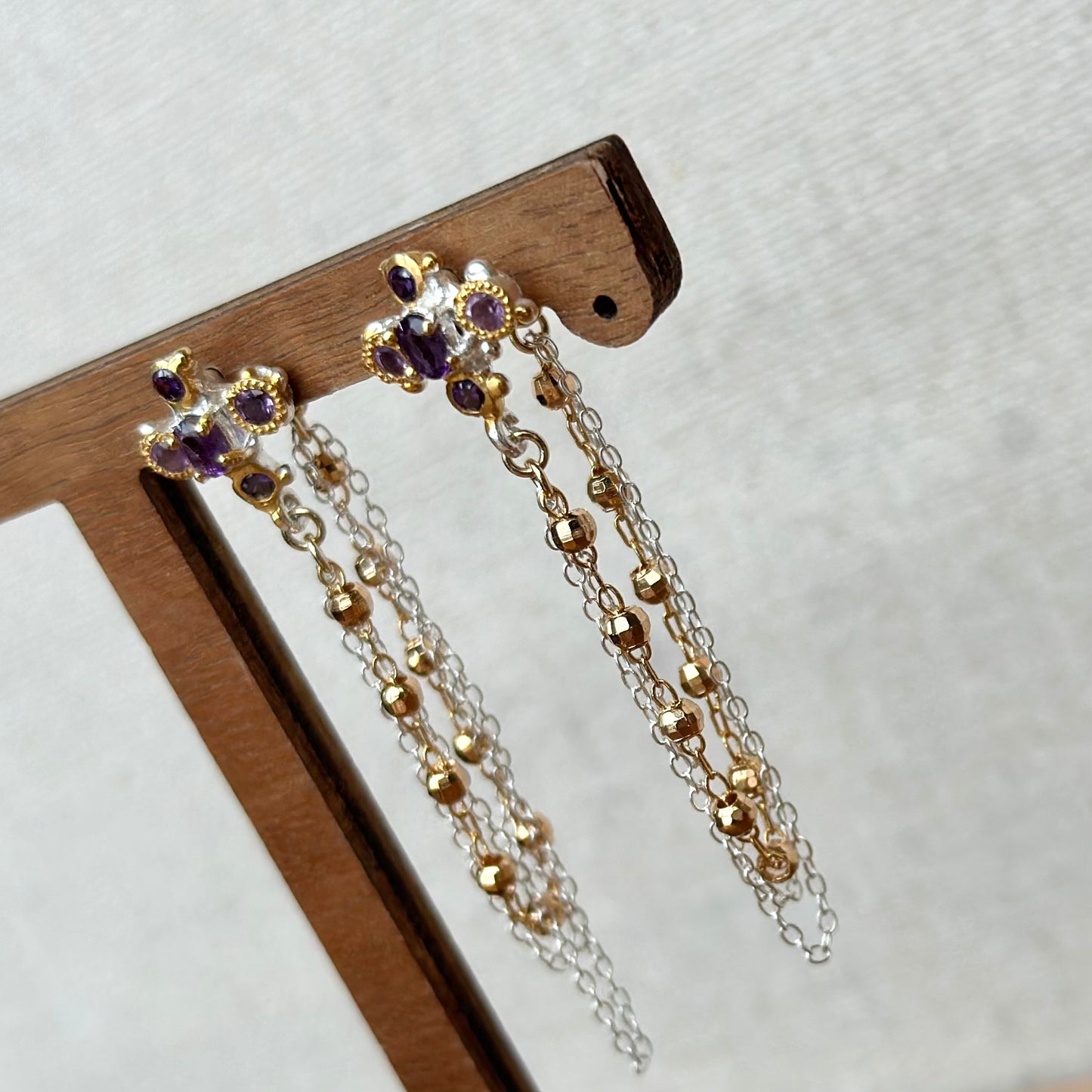 Amethyst And Chain Hoop-like Gold-plated Sterling Silver Earring