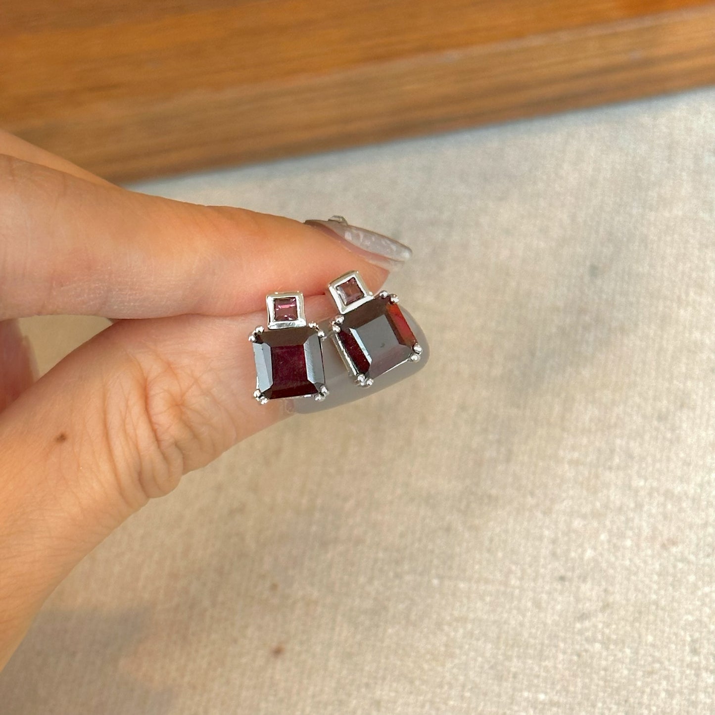 Garnet Square Cut Sterling Silver Ear Stud