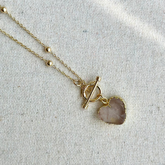 Heart-shaped Rose Quartz Raw Stone Hoop Toggle Gold-plated Necklace