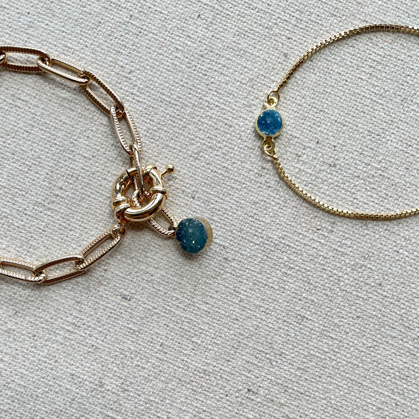 Blue Druzy Stone Oval Link Chain Bracelet