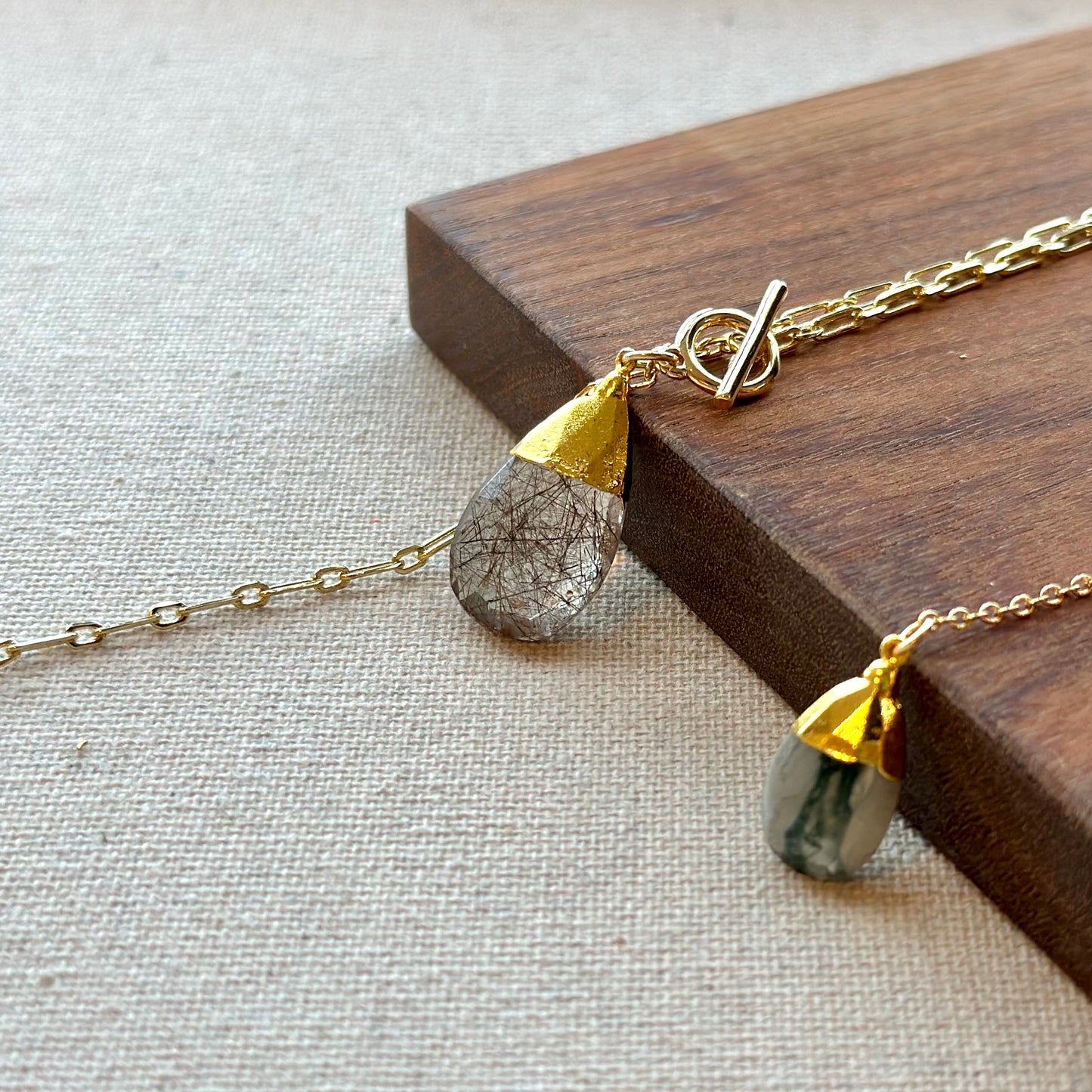 Copper Rutile Quartz Y-shaped Long Gold-plated Necklace