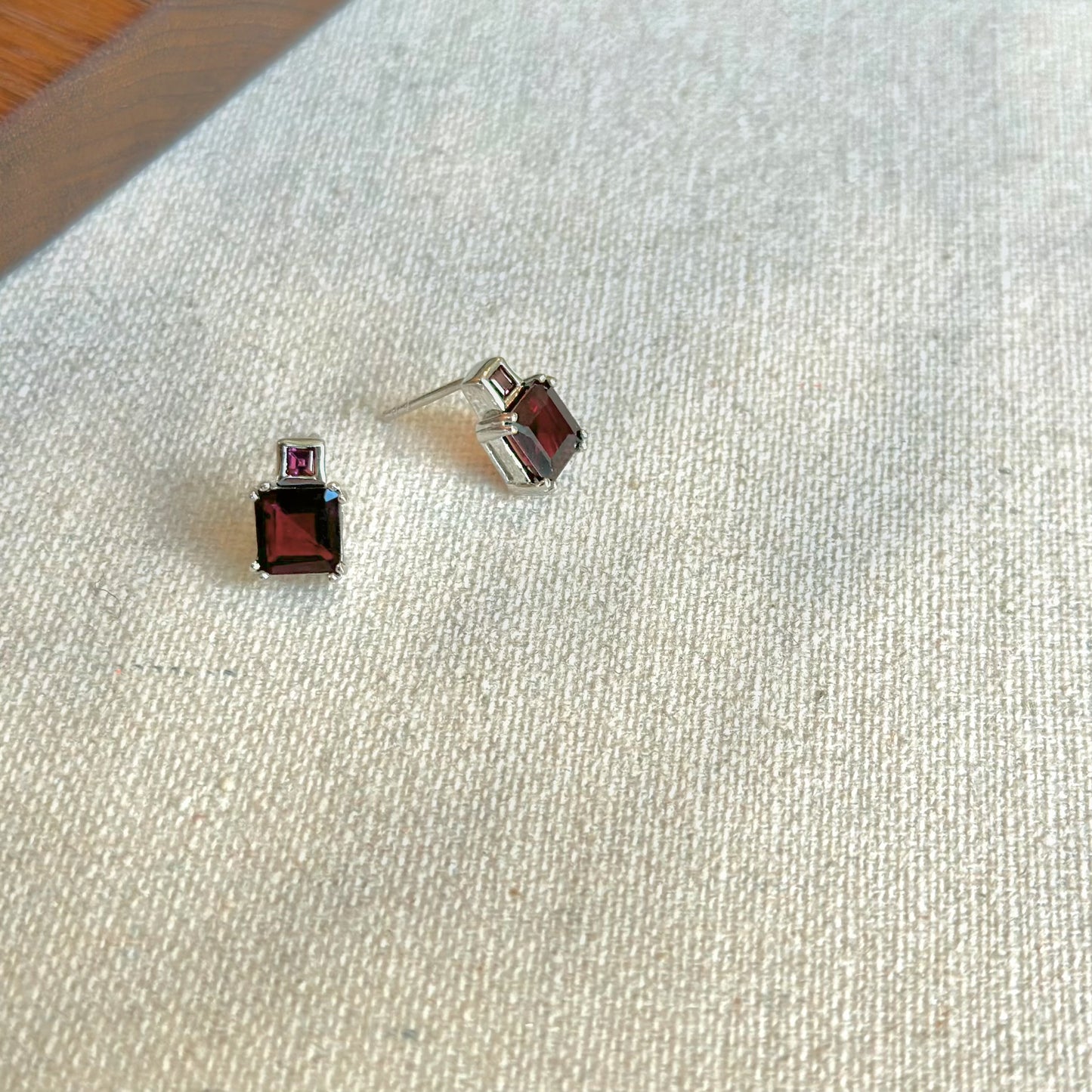 Garnet Square Cut Sterling Silver Ear Stud