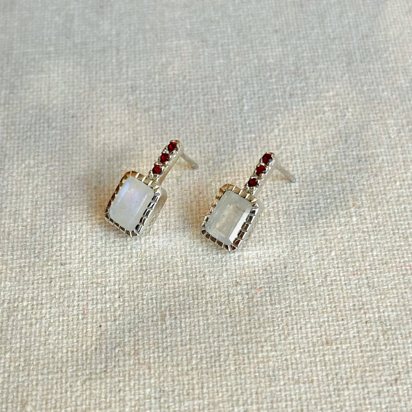 Moonstone And Garnet Sterling Silver Ear Stud