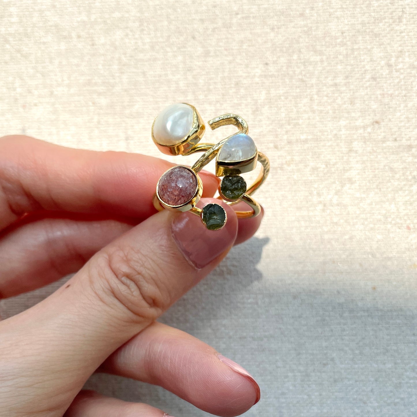 Moonstone Textured Adjustable Gold-plated Ring