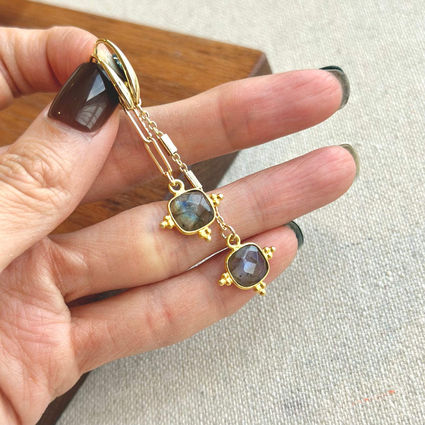 Labradorite Asymmetric Dangling Gold-plated Earring